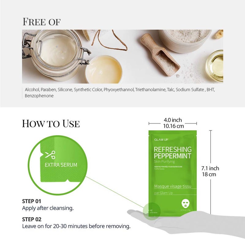 GLAM UP Sheet Mask Refreshing Peppermint (10 sheets) - Calming, Pore Tightening - Image 5